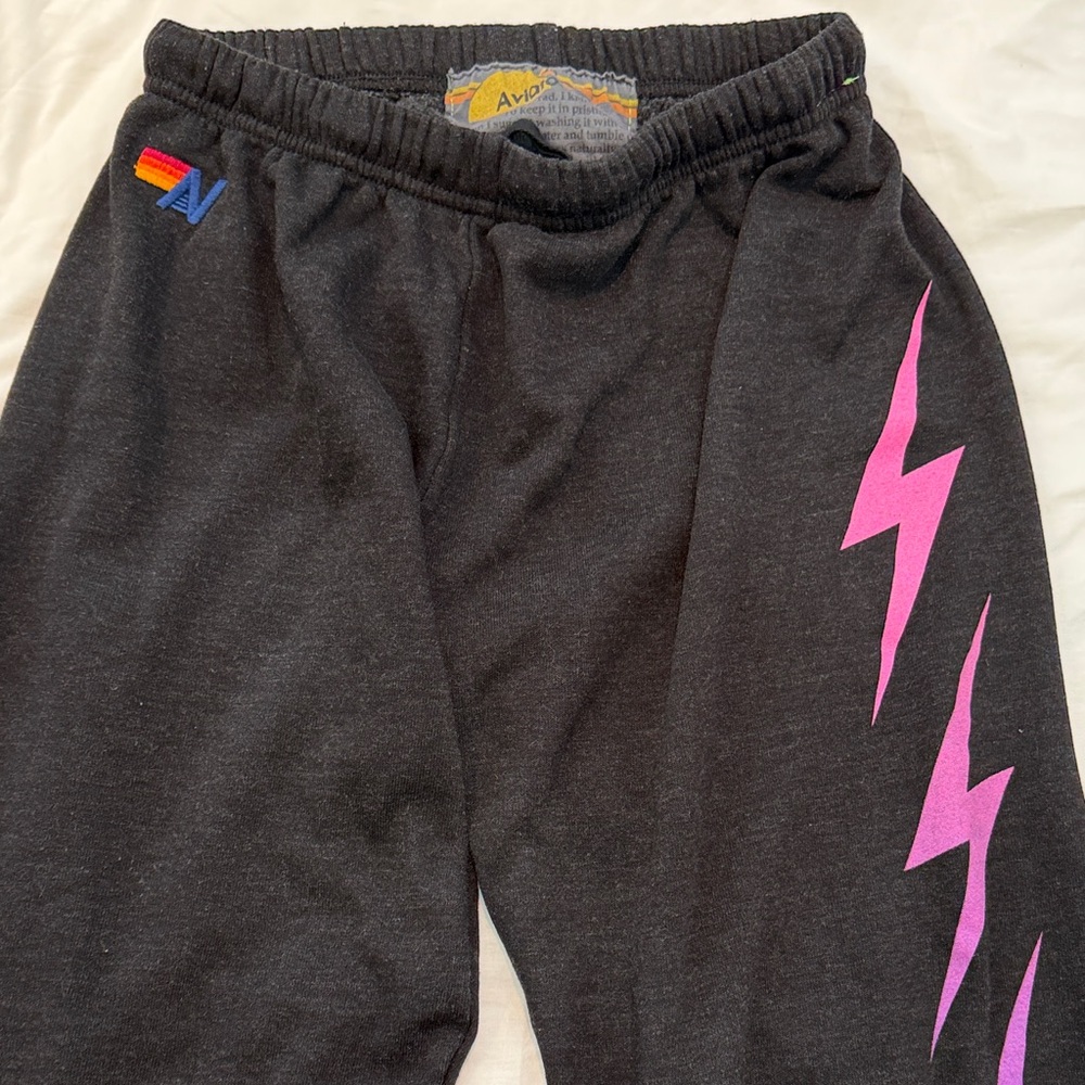 Aviator Nation Charcoal Sweatpants with Pink/Purple Lightning